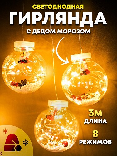 Светодиодная гирлянда шары с дедом морозом, 3 метра (LED wishing ball light string)